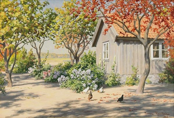 Gardsidyll Med Pickande Hons Oil Painting by Johan Fredrik Krouthen