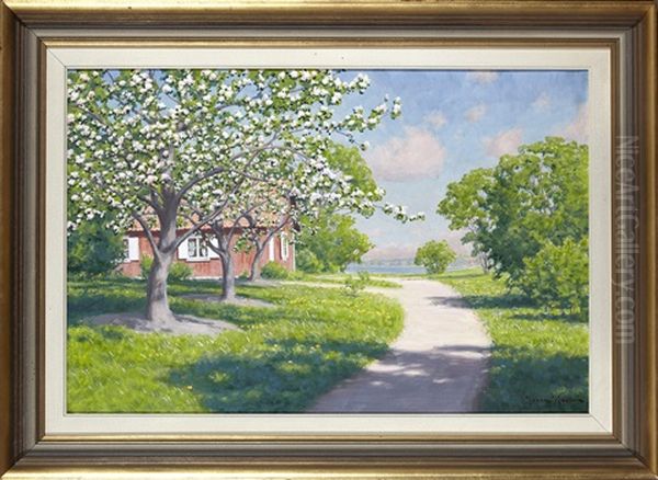 Blommande Frukttrad Vid Rod Stuga Oil Painting by Johan Fredrik Krouthen