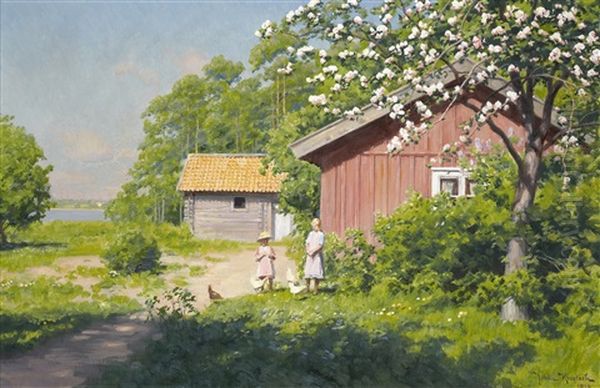 Flickor Och Pickande Hons I Sommargronska Oil Painting by Johan Fredrik Krouthen