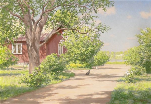 Gardsidyll Med Pickande Hons Oil Painting by Johan Fredrik Krouthen