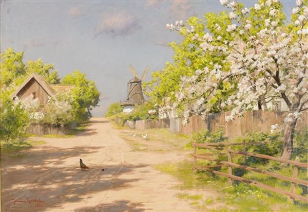 Vid Landsvagen - Gardsidyll I Sommargronska Oil Painting by Johan Fredrik Krouthen