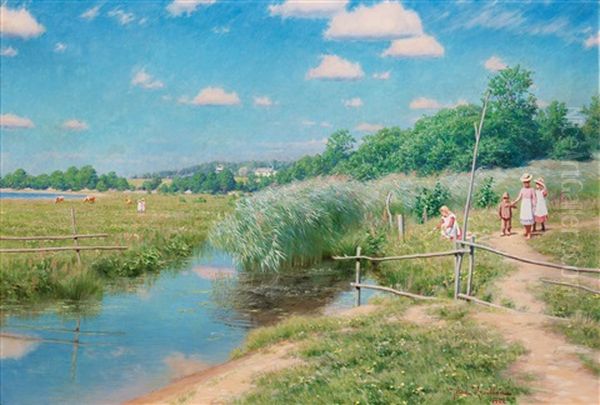 Sommarlandskap Med Barn Oil Painting by Johan Fredrik Krouthen