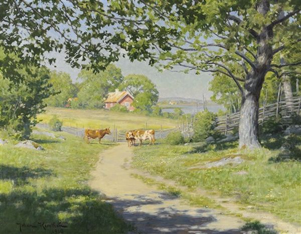 Landskap Med Kor Oil Painting by Johan Fredrik Krouthen