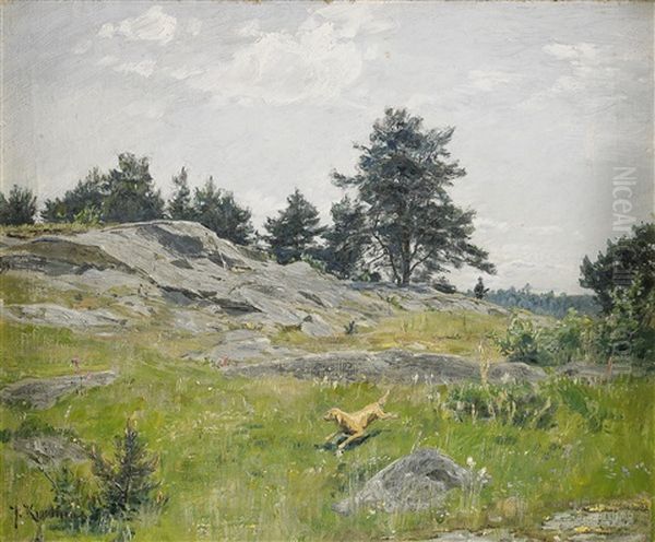 Sommarlandskap Med Jagare Och Hund Oil Painting by Johan Fredrik Krouthen