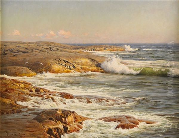 Marstrand - Taudden I Kvallssol Med Seglare Vid Horisonten Oil Painting by Johan Fredrik Krouthen