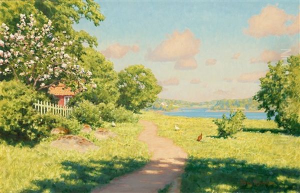 Landskap Med Pickande Hons Oil Painting by Johan Fredrik Krouthen