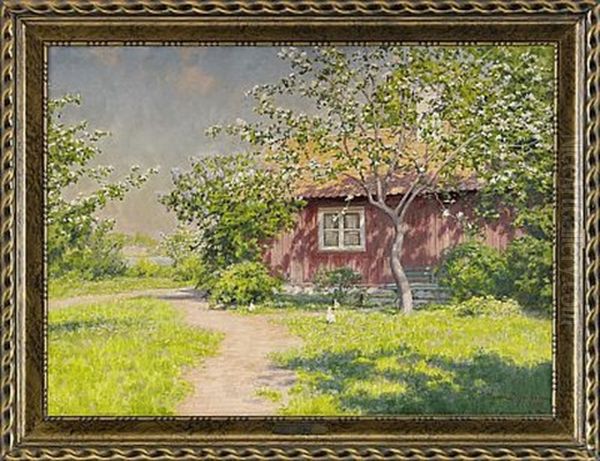 Gardsidyll Med Pickande Hons Oil Painting by Johan Fredrik Krouthen