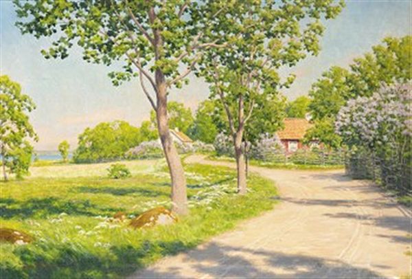 Byvag Med Hus Och Blommande Syrener Oil Painting by Johan Fredrik Krouthen