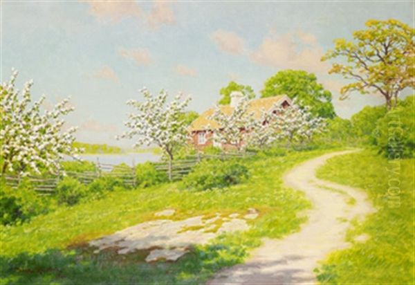 Sommarlandskap Med Blommande Frukttrad Och Stuga Oil Painting by Johan Fredrik Krouthen