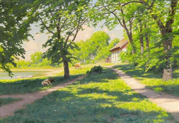 Sommarlandskap Med Betande Boskap Vid Vattendrag Oil Painting by Johan Fredrik Krouthen