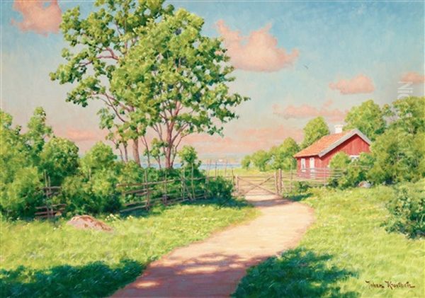 Sommarlandskap Med Rod Stuga Oil Painting by Johan Fredrik Krouthen