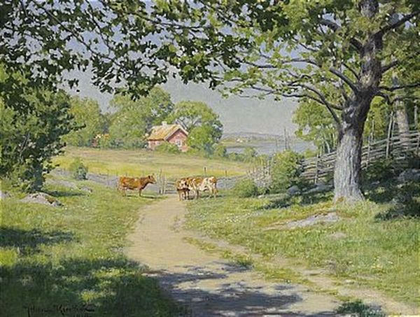 Vid Landsvagen - Gardsidyll I Sommargronska Oil Painting by Johan Fredrik Krouthen