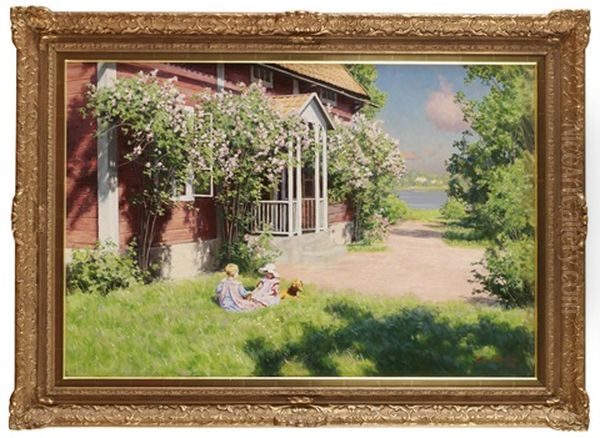 Barn Pa Solig Tradgardstappa Oil Painting by Johan Fredrik Krouthen