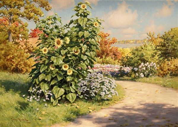 Blomstrande Tradgard Med Solrosor Oil Painting by Johan Fredrik Krouthen