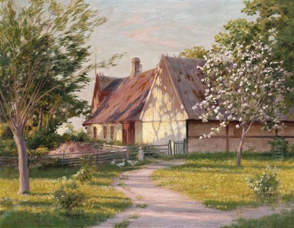 Gard Med Blommande Appeltrad Oil Painting by Johan Fredrik Krouthen