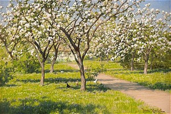 Gardsidyll Med Blommande Appletrad Och Hons Oil Painting by Johan Fredrik Krouthen