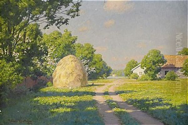 Sommarlandskap Med Hostack Och Gardsidyll Oil Painting by Johan Fredrik Krouthen