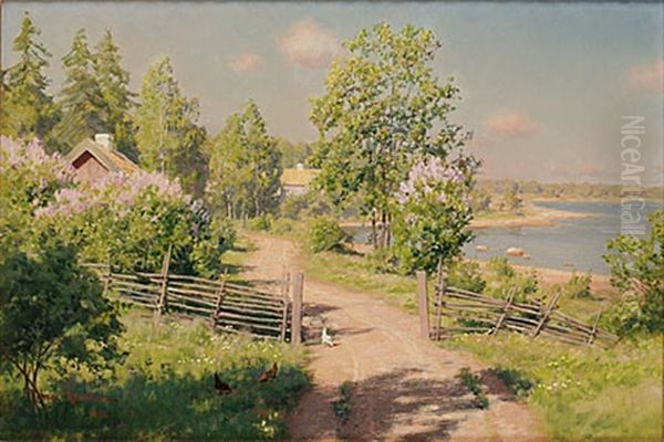 Sommaridyll Med Pickande Hons Oil Painting by Johan Fredrik Krouthen