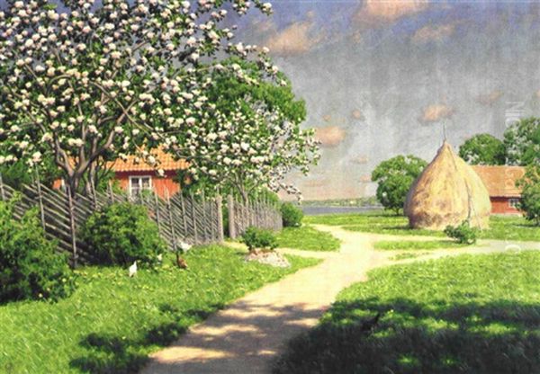 Sommarlandskap Med Gardsidyll Oil Painting by Johan Fredrik Krouthen