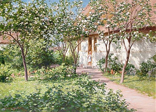 Flicka I Blommande Tradgard Oil Painting by Johan Fredrik Krouthen