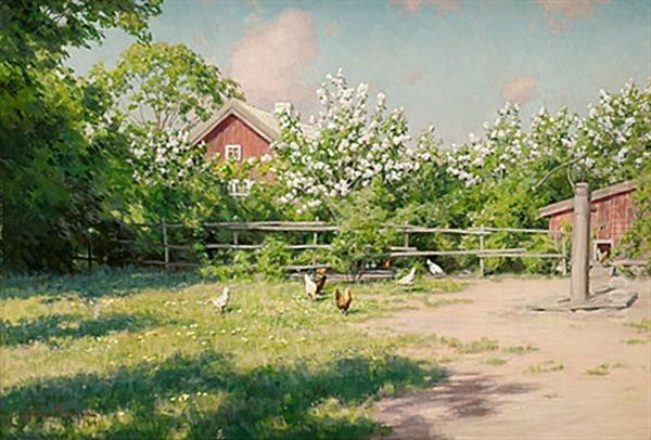 Sommarlandskap Med Pickande Honor Oil Painting by Johan Fredrik Krouthen