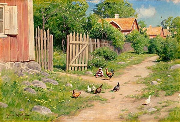 Sommarlandskap Med Barn Och Hons Oil Painting by Johan Fredrik Krouthen