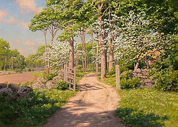 Blommande Appeltrad Vid Landsvag Oil Painting by Johan Fredrik Krouthen