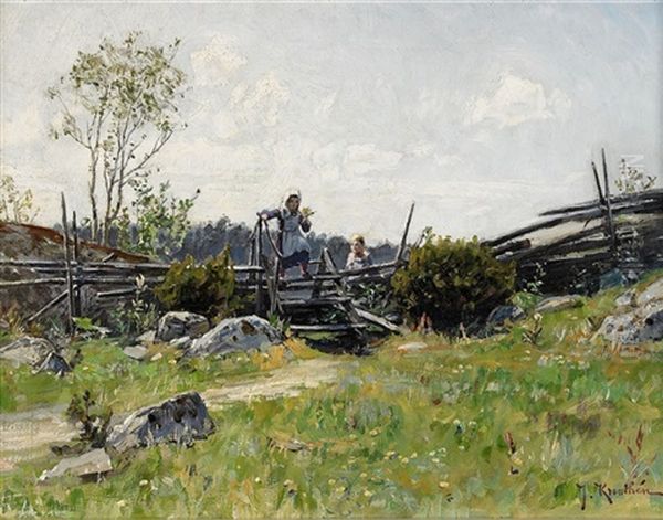 Sommarlandskap Med Barn Vid Gardesgard Oil Painting by Johan Fredrik Krouthen