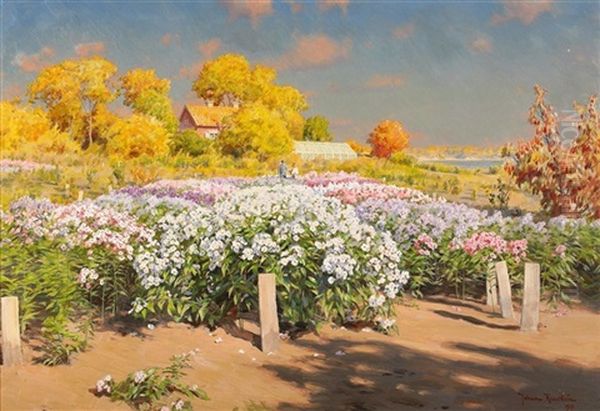 Hostlandskap Med Blommande Floxfalt Oil Painting by Johan Fredrik Krouthen