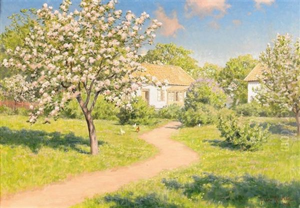 Gardsidyll Med Blommande Appeltrad Oil Painting by Johan Fredrik Krouthen