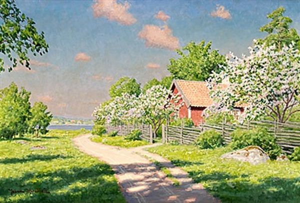 Sommaridyll Med Blommande Frukttrad Oil Painting by Johan Fredrik Krouthen