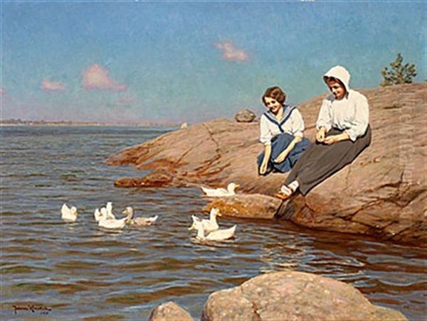 Flickor Pa Badklippa Oil Painting by Johan Fredrik Krouthen