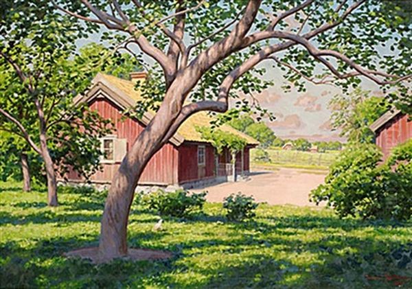 Sommarlandskap Med Roda Stugor Oil Painting by Johan Fredrik Krouthen