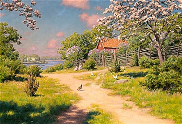 Barn I Sommargronska Oil Painting by Johan Fredrik Krouthen