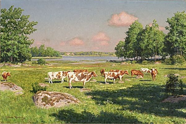 Sommarlandskap Med Betande Boskap Oil Painting by Johan Fredrik Krouthen