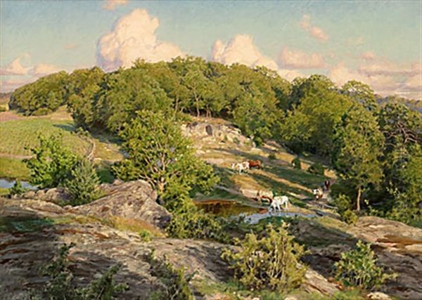 Sommarlandskap Med Betande Boskap Oil Painting by Johan Fredrik Krouthen