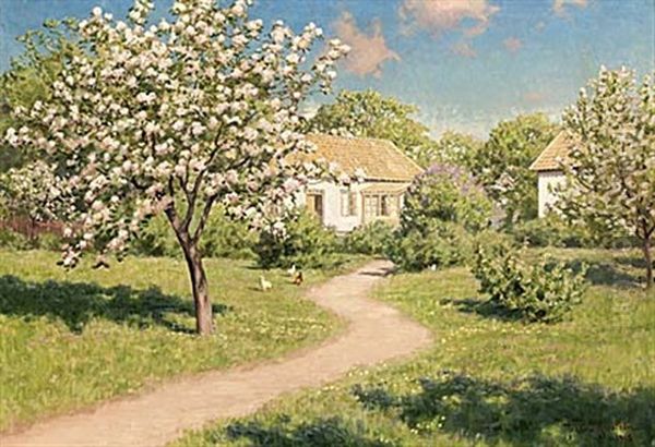 Gardstun Med Blommande Trad Och Pickande Hons Oil Painting by Johan Fredrik Krouthen