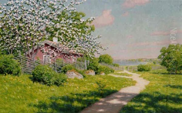 Varlandskap Med Appelblom Oil Painting by Johan Fredrik Krouthen