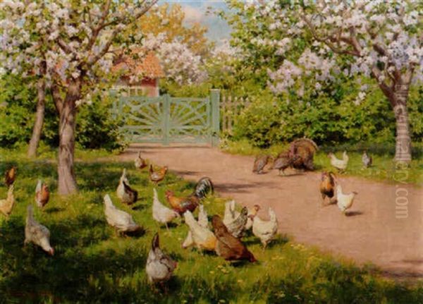 Solbelyst Gardsplan Med Pickande Hons Oil Painting by Johan Fredrik Krouthen