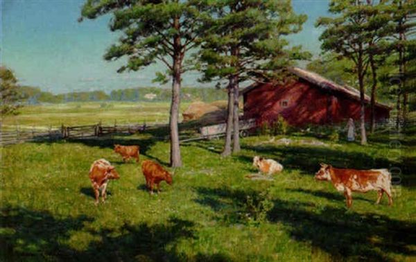 Sommarlandskap Med Kor Och Mjolkerska Oil Painting by Johan Fredrik Krouthen