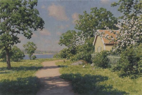 Soligt Gardsmotiv Med Hons Oil Painting by Johan Fredrik Krouthen