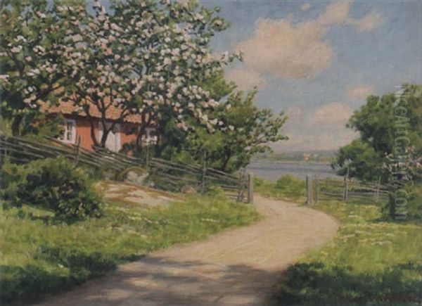 Sommarlandskap Med Blommande Frukstrad Oil Painting by Johan Fredrik Krouthen