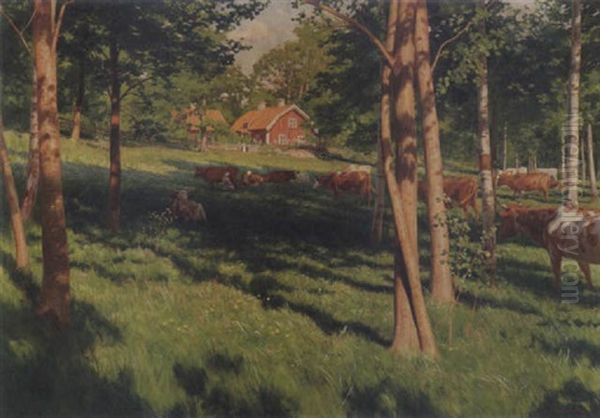 Kvallsmjolkning I Sommarhagen Oil Painting by Johan Fredrik Krouthen