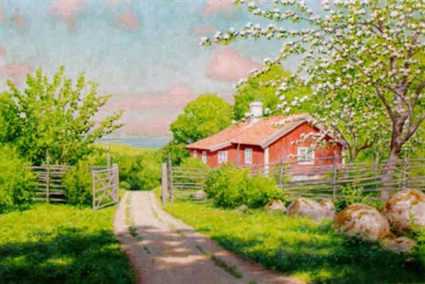 Sommaridyll Med Blommande Frukttrad Oil Painting by Johan Fredrik Krouthen