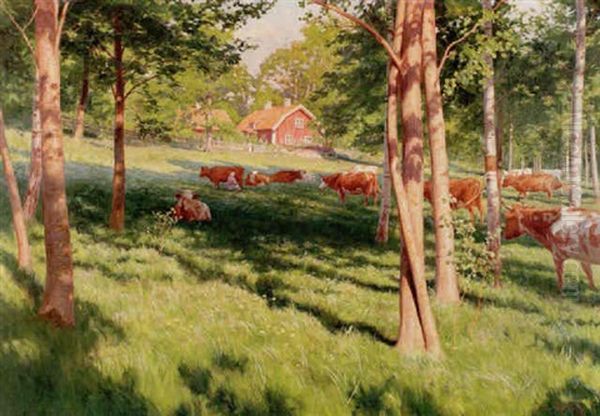 Kvallsmjolkning I Sommarhagen Oil Painting by Johan Fredrik Krouthen