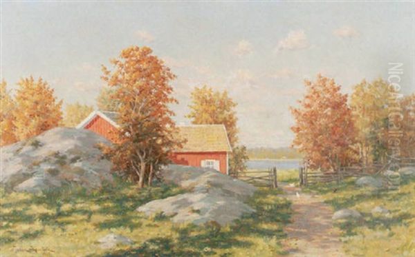 Sommarlandskap Med Pickande Hons Oil Painting by Johan Fredrik Krouthen