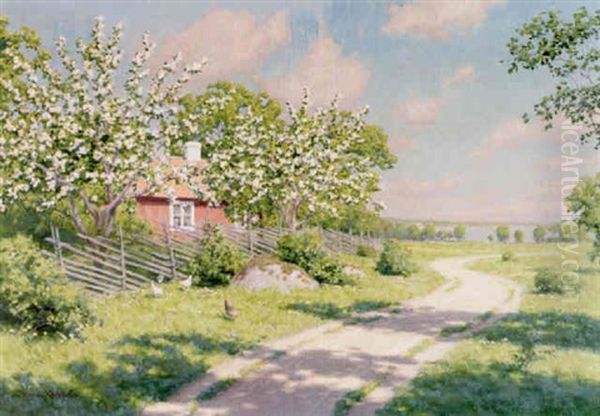 Sommarlandskap Med Pickande Hons, Blommande Appeltrad Och Rod Stuga Oil Painting by Johan Fredrik Krouthen