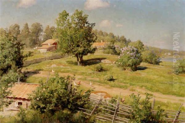 Sommarlandskap Med Stugor Och Pickande Hons Oil Painting by Johan Fredrik Krouthen