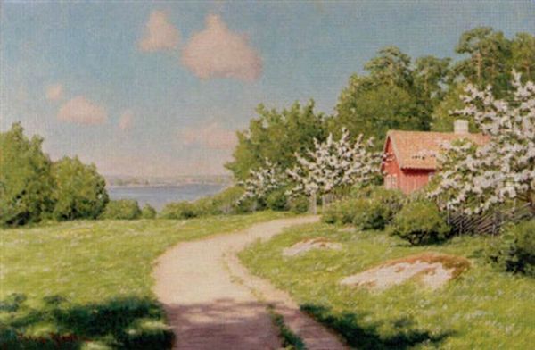 Sommarlandskap Med Blommande Appeltrad Och Rod Stuga Oil Painting by Johan Fredrik Krouthen