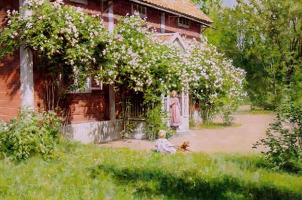 Sommaridyll Med Barn Och Hund Oil Painting by Johan Fredrik Krouthen